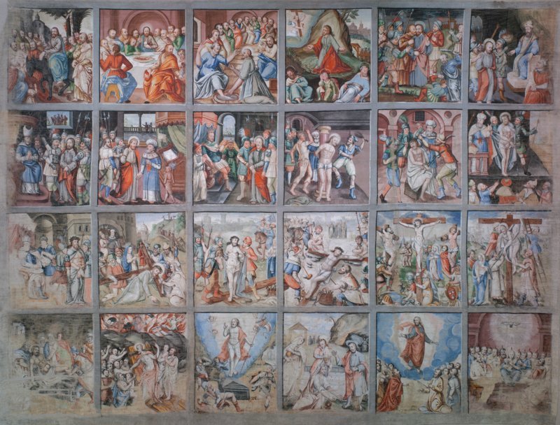 La tela quaresimale di San Giacomo con 24 quadri della Passione di Gesù (cm 473 x cm 365, ripresa dopo il restauro) © Foto: Museum Gherdëina, A. Ochsenreiter